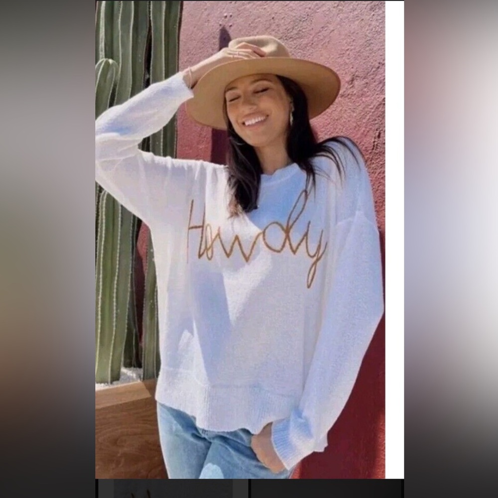Show Me Your MuMu Cream Pullover with Tan 'Howdy' Script